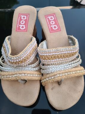 pop Beige Woven Beaded Memory Foam Slide Sandals